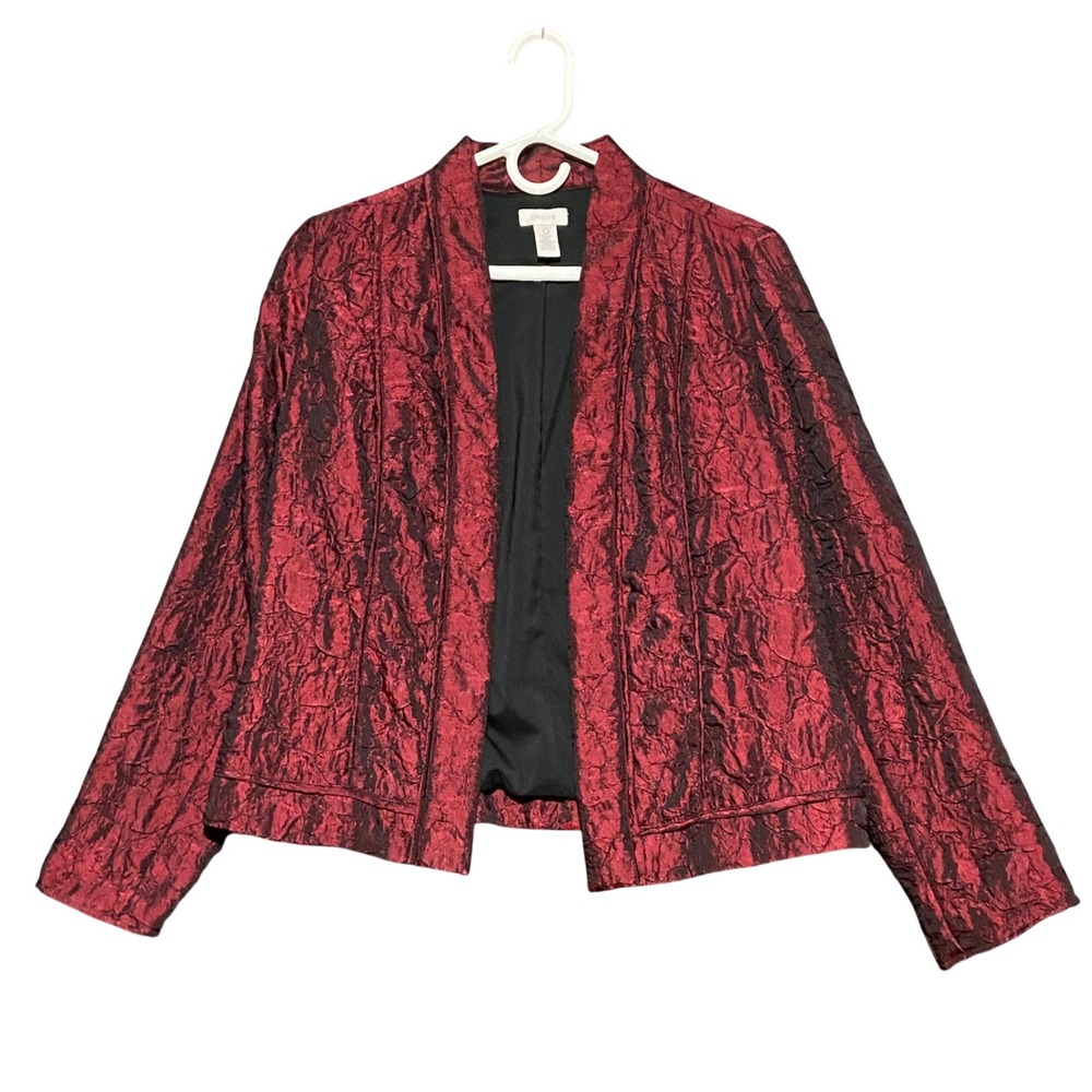 Chicos Red Black Textured Brocade Jacket Blazer Open Front Women Size 4 Chic